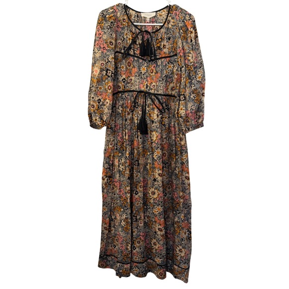 THE GREAT. Dresses & Skirts - THE GREAT Floral Cotton Tassel Maxi Dress Womens Size 1 Small Boho Pockets Grey